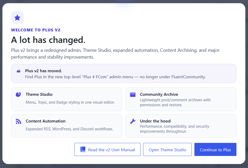 Plus for FluentCommunity v2 welcome splash
