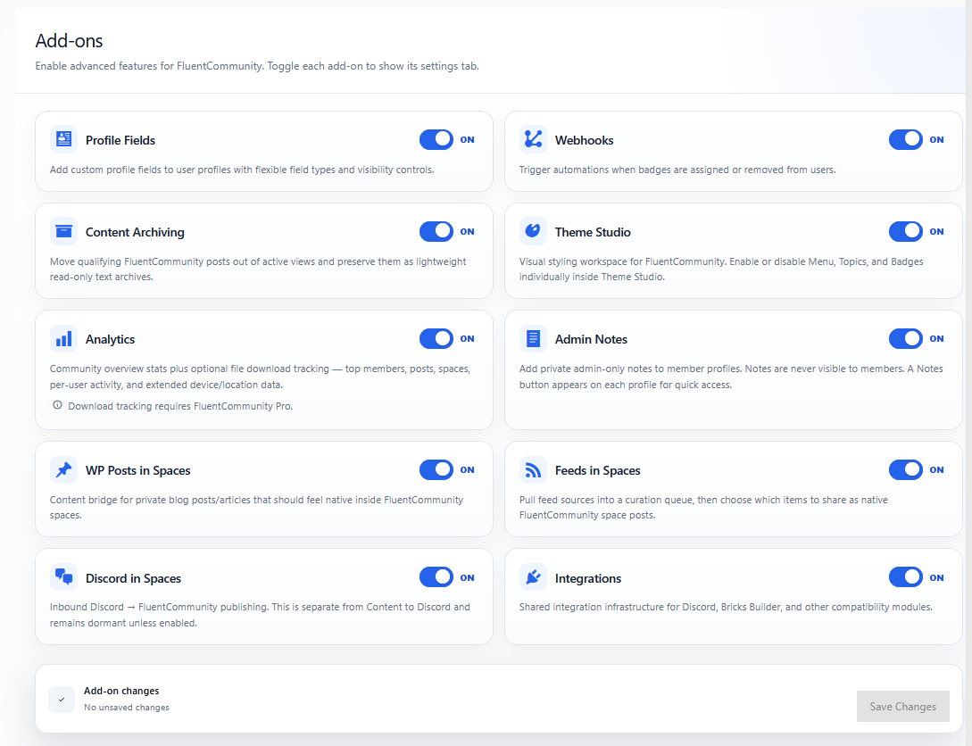 Plus for FluentCommunity v2 Add-Ons screen