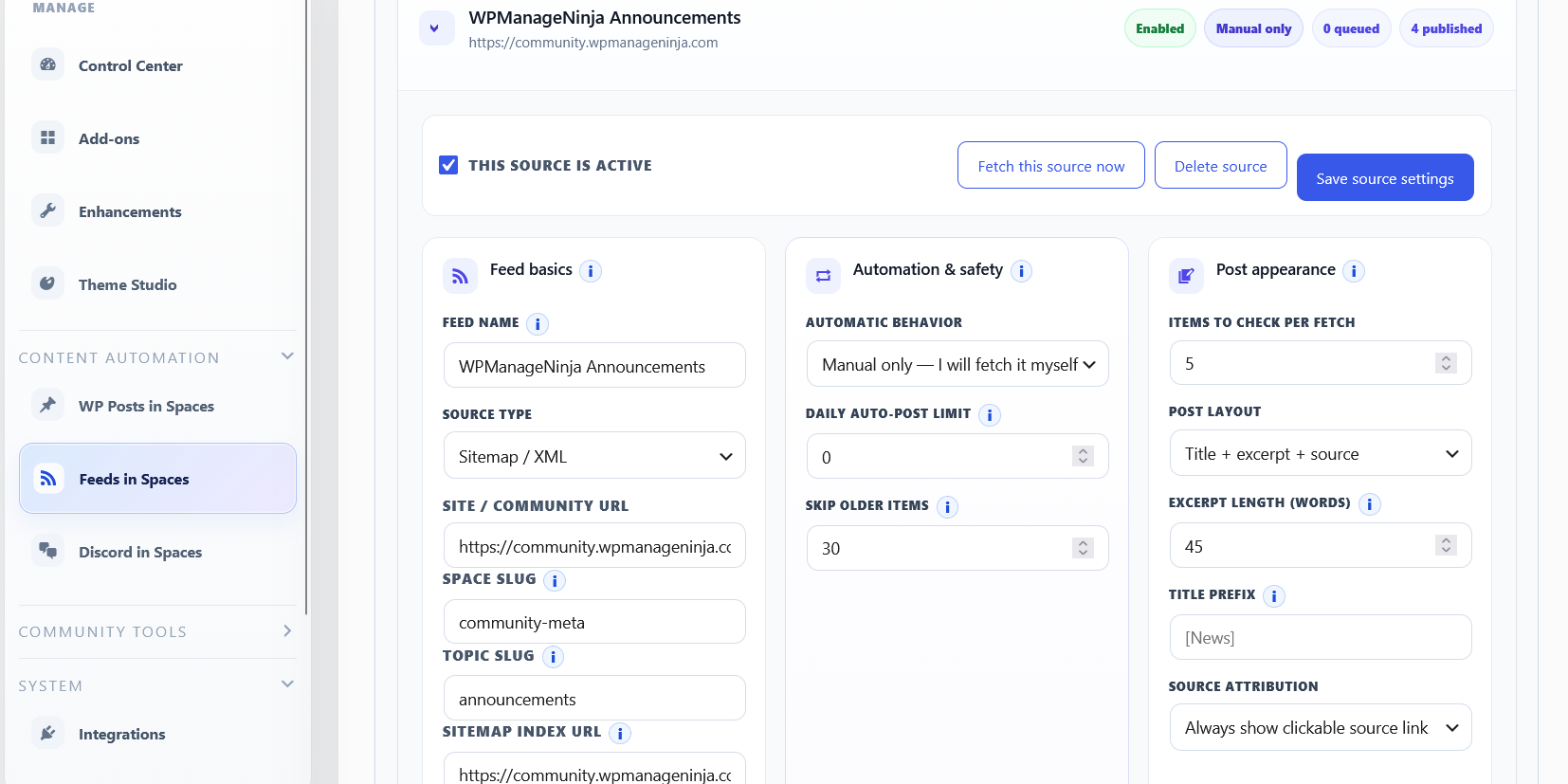 WPManageNinja Announcements public FluentCommunity source settings