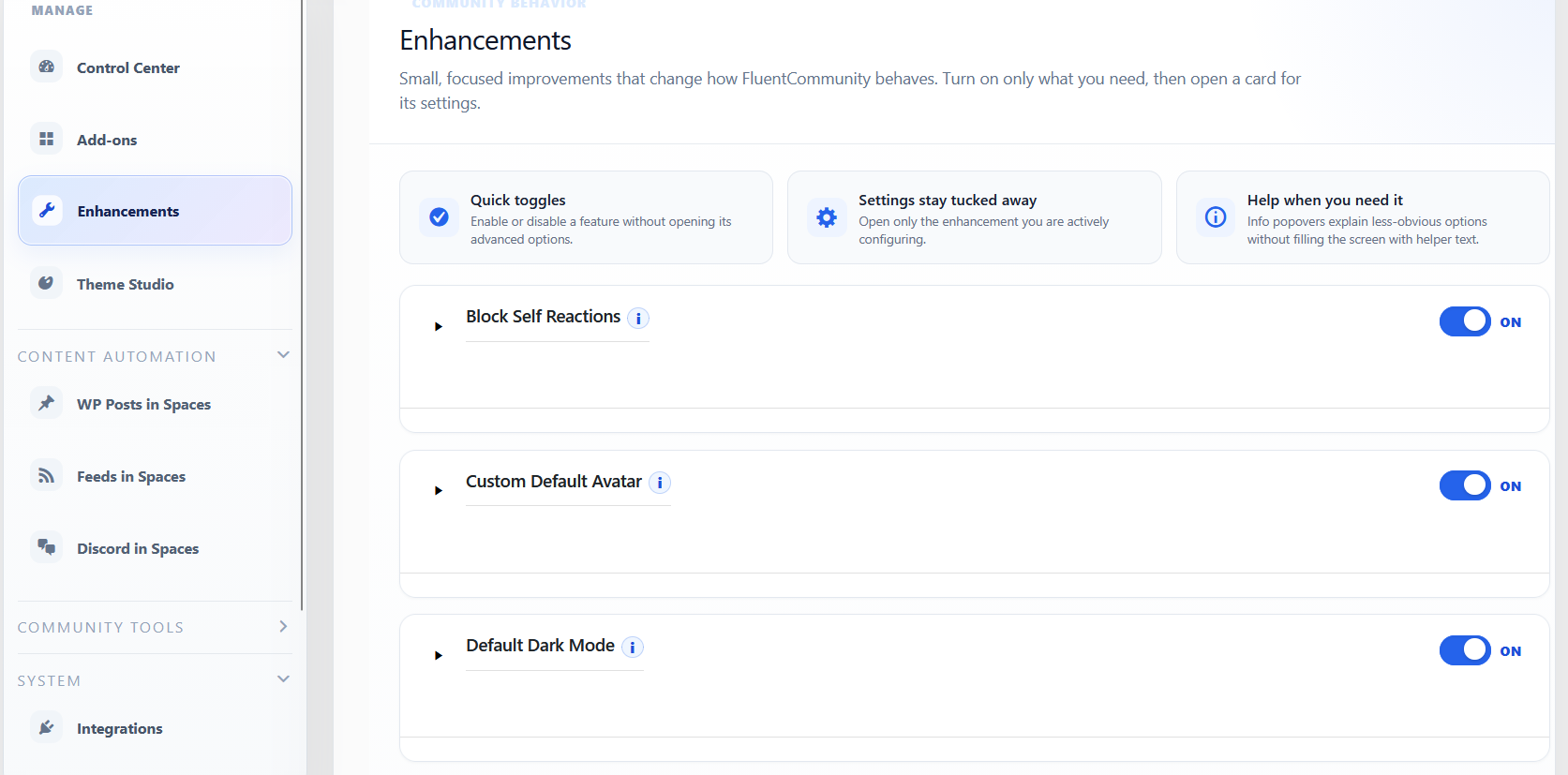 Plus for FluentCommunity Enhancements settings