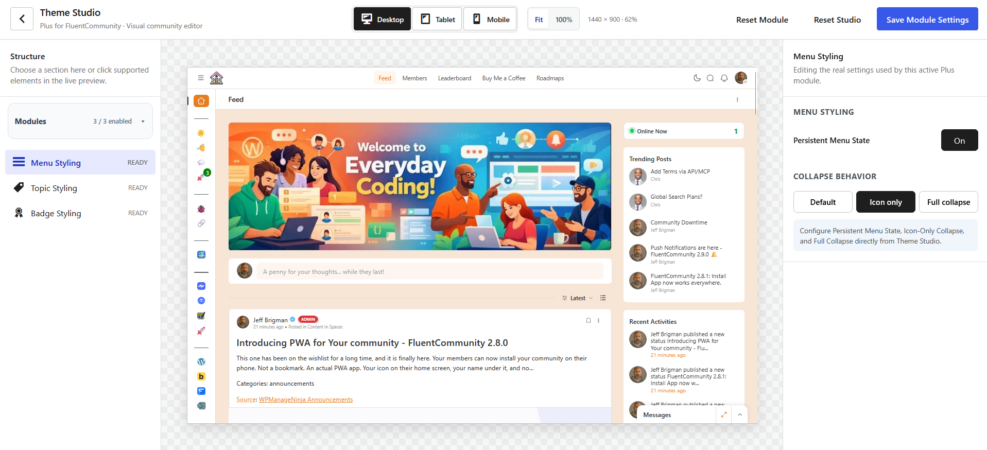 Theme Studio with module manager, desktop preview, and Menu Styling controls