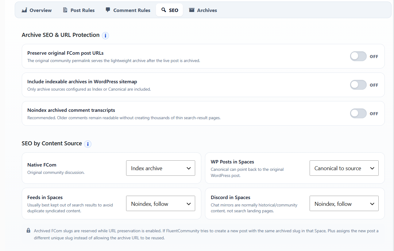 Archive SEO and URL protection settings