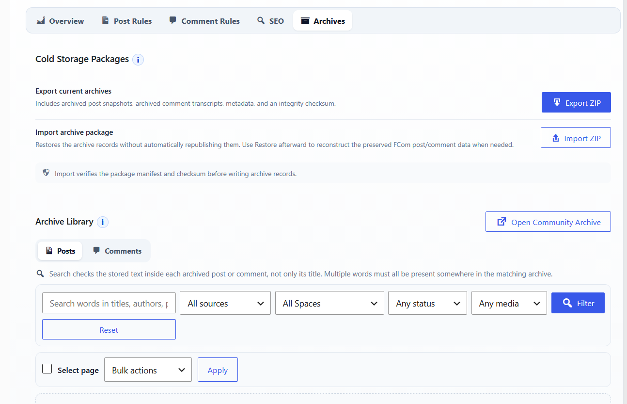 Content Archive library with filters and package controls